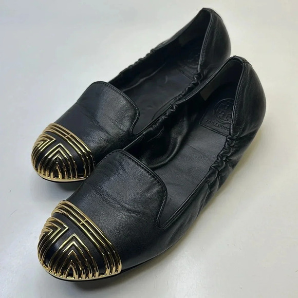Tory Burch Ballet Flats Slip On Scrunch Back T Logo Leather Black Gold Size 7 - Picture 1 of 11
